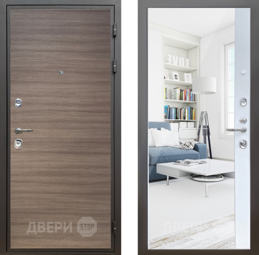 Входная металлическая Дверь Шелтер (SHELTER) Комфорт Дуб тоскано поперечный 14 с зеркалом Белый матовый в Троицк