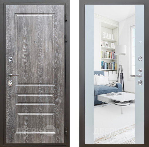 Входная металлическая Дверь Шелтер (SHELTER) Комфорт Дуб шале серебро 13 с зеркалом Белый матовый в Троицк