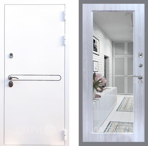 Входная металлическая Дверь Стоп Лайн Вайт Зеркало Сандал белый в Троицк