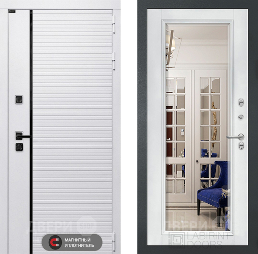 Входная металлическая Дверь Лабиринт (LABIRINT) Royal Зеркало Фацет с багетом Белый софт в Троицк