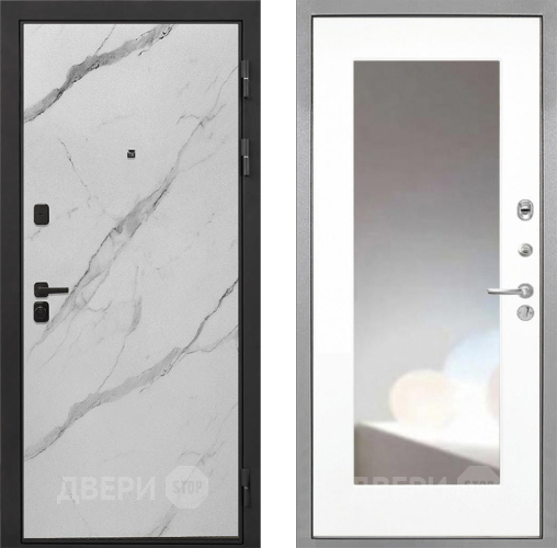 Входная металлическая Дверь Интекрон (INTECRON) Профит Black Мрамор Арктик ФЛЗ-120-М Зеркало Белый матовый в Троицк